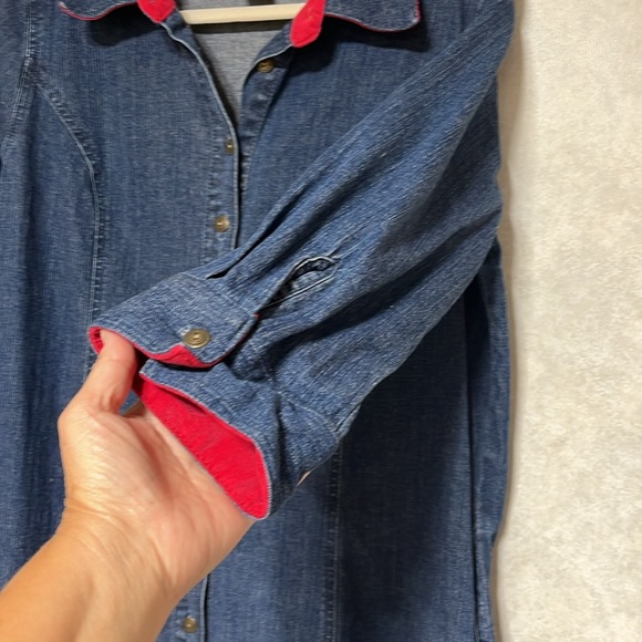 Vtg Denim 3/4 sleeve button up dress/duster size medium red corduroy cuffs - Picture 7 of 12